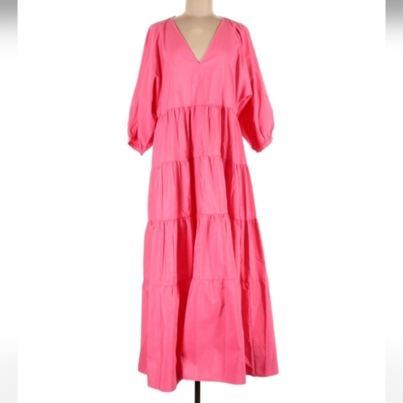 ZARA * Tiered Poplin Pink Dress Voluminous Flowy Maxi - Picture 12 of 13
